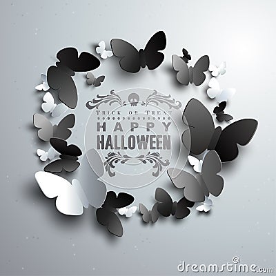 Halloween Wreath made of white black and grey paper Butterflies Vector Illustration