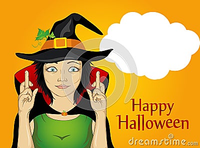 Halloween. A young woman in a hat and a witch suit crossed Stock Photo
