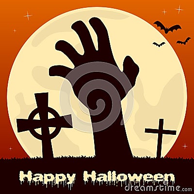 Halloween Zombie Hand and Full Moon Vector Illustration