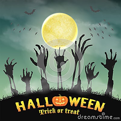 Halloween zombie hand in a night graveyard Vector Illustration