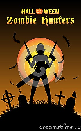 Halloween zombie hunter with handgun at graveyard Vector Illustration