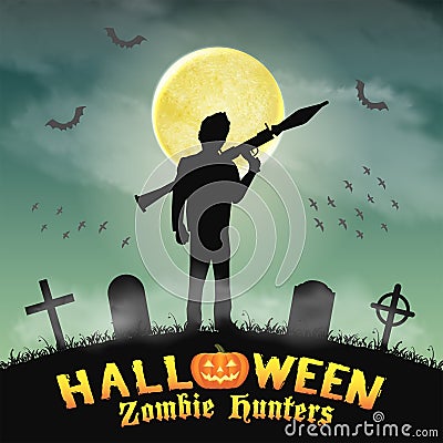 Halloween zombie hunter with rpg in graveyard Vector Illustration