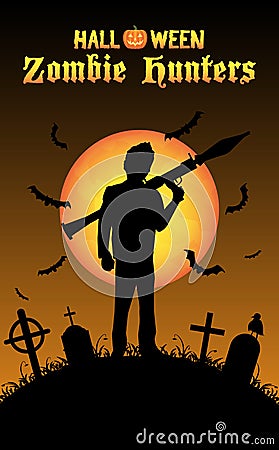 Halloween zombie hunter with rpg rocket at graveyard Vector Illustration