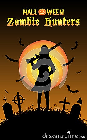 Halloween zombie hunter with shotgun at graveyard Vector Illustration