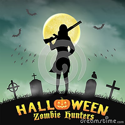 Halloween zombie hunter with shotgun in graveyard Vector Illustration