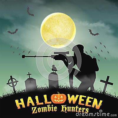 Halloween zombie hunter with sniper in graveyard Vector Illustration