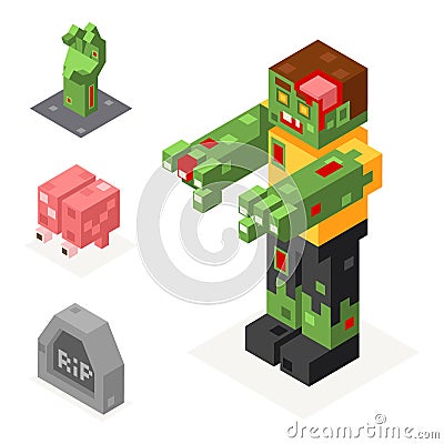 Halloween Zombie Icons Set Grave Hand Brain Trick Vector Illustration