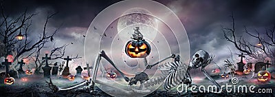 Halloween - Zombie Skeleton With Pumpkin Stock Photo