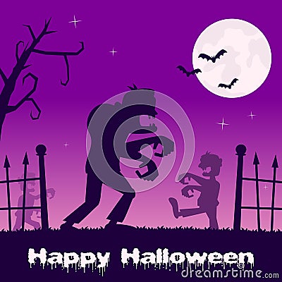 Halloween Zombies walking and Cemetery Vector Illustration