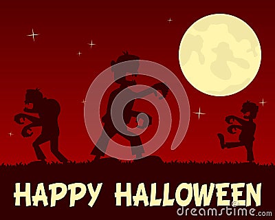 Halloween Zombies Walking in the Night Vector Illustration