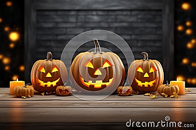 Halloweens 3D pumpkins on a wooden board with jack o lantern charm Stock Photo