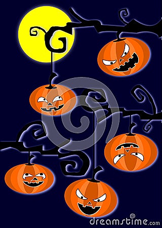 Halloweens pumpkins on tree branches. Dark sky Stock Photo