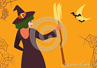 Hallowen Witch with Broomstick, Bats and Spiderwebs Stock Photo