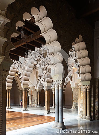 Halls in Islamic palace of Aljaferia, Spain Editorial Stock Photo