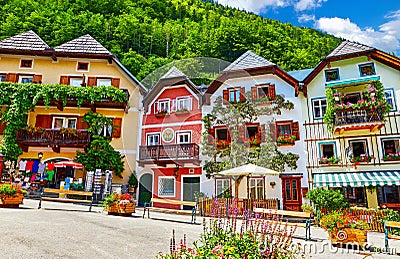 Hallstatt Austria central market square traditional houses Stock Photo