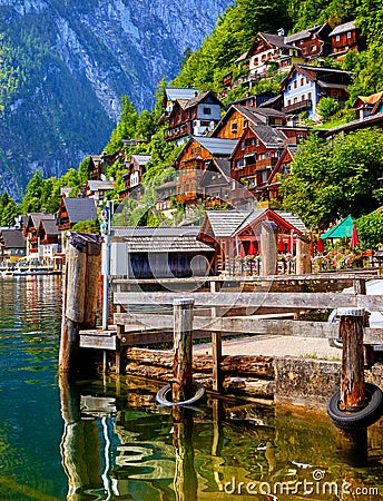 Hallstatt Austria. Lake Hallstattersee with calm blue water Stock Photo