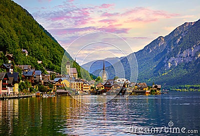 Hallstatt Austria lake Hallstattersee with quiet blue Stock Photo