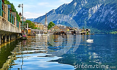 Hallstatt Austria lake Hallstattersee with quiet blue Stock Photo