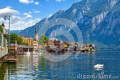 Hallstatt Austria lake Hallstattersee with quiet blue Stock Photo