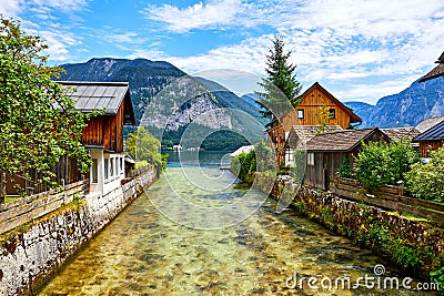 Hallstatt Austria traditional wooden austrian houses Stock Photo