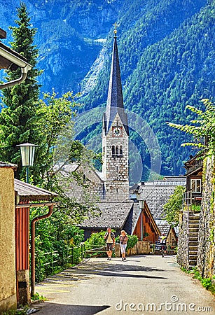 Hallstatt in mountain Alps Austria street ancient Stock Photo