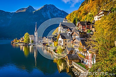 Hallstatt mountain village in fall, Salzkammergut, Austria Stock Photo