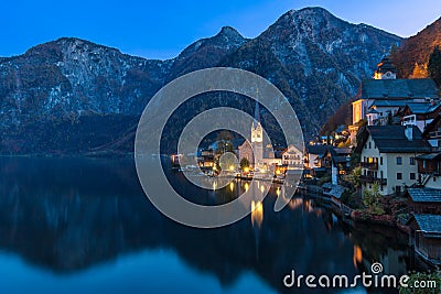 Hallstatt mountain village at night from classic postcard viewpoint Salzkammergut Austria Stock Photo