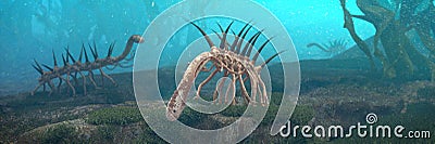 Hallucigenia, prehistoric aquatic animals from the Cambrian Period 3d paleoart illustration banner Stock Photo