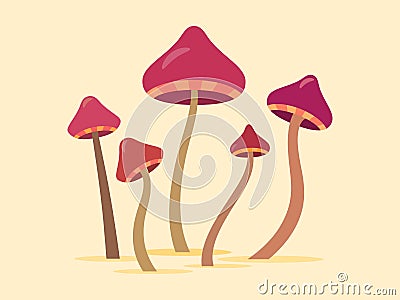 Hallucinogenic mushrooms. Toadstool mushrooms with red caps. Acid trip. Poisonous mushrooms. Design for posters, banners Vector Illustration