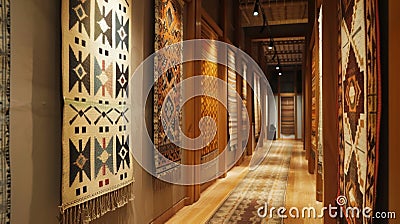 The hallway is adorned with a collection of woven wall hangings from various Asian cultures each displaying unique Stock Photo