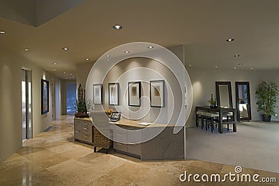 Hallway Along Partition Desk In Luxury Home Stock Photo