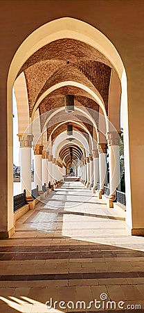 Hallway in an elegant Arabian palace, with arches and pillars, flower arrangements, symmetry, play of light Stock Photo