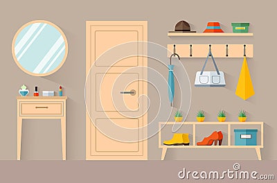 Interior hallway in the cut. Design of the entrance room with furniture and decor Vector Illustration