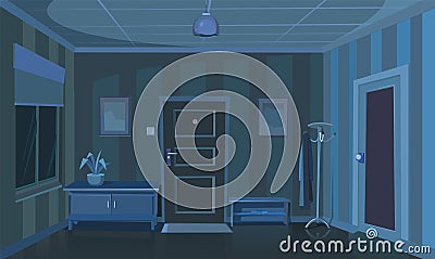 Hallway house. Cozy room in residential building at night. Door and window. Furniture in interior. Darkness Vector Illustration