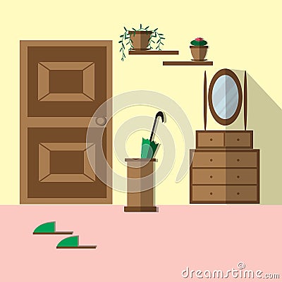 Hallway interior with door and furniture Vector Illustration