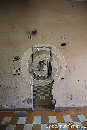 Wall with passage in Tuol Sleng Genocide Museum Editorial Stock Photo