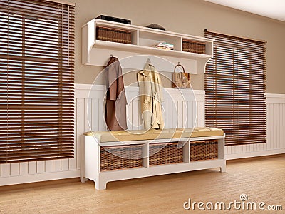 Hallway in warm tones with wooden shutters Stock Photo