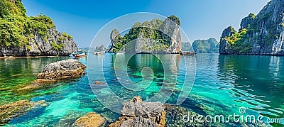 Halong bay unesco world heritage site with limestone islands and emerald waters in vietnam Stock Photo