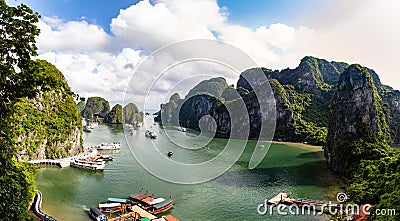 Halong Bay, Vietnam -panorama of the bay in front of Hang Sung Sot grottoes. Stock Photo
