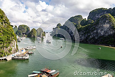 Halong Bay, Vietnam -panorama of the bay in front of Hang Sung Sot grottoes. Stock Photo