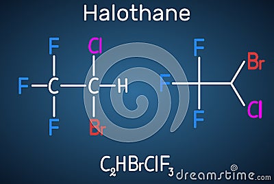 Halothane general anesthetic drug molecule. Structural chemical formula on the dark blue background. Sheet of paper in a cage Vector Illustration