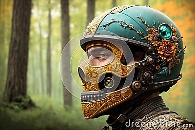 Haloween fantasy theme ornate motorcycle protective helmet closeup a the grounf in the forest. AI generated Stock Photo