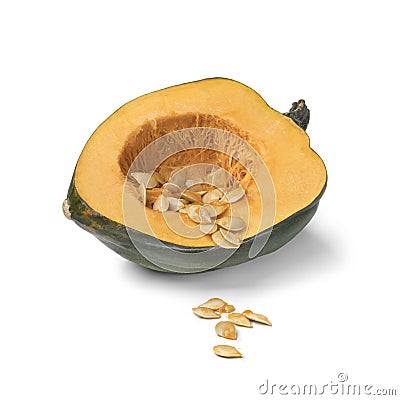 Halved fresh green acorn squash with seeds Stock Photo