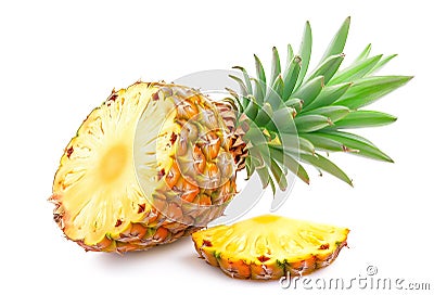 Halved pineapple with green leaves isolated on white Stock Photo