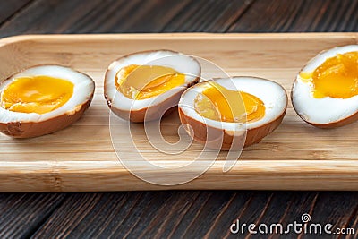 Halved ramen eggs Stock Photo
