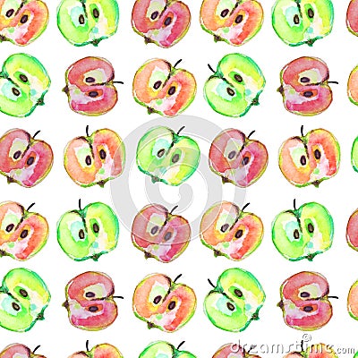 Halves of apple watercolor seamless vector pattern Vector Illustration