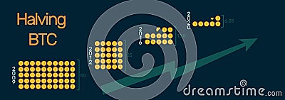 Halving bitcoin. A visual representation of how bitcoins are shared every four years.Creative blockchain technology banner for Cartoon Illustration