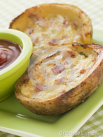 Ham and Cheddar Cheese Stuffed Potato Skins Stock Photo