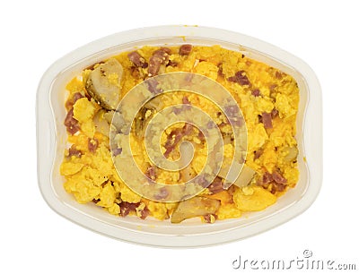 Ham eggs and potatoes breakfast TV dinner in a tray Stock Photo