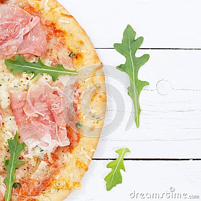 Ham pizza prosciutto from above copyspace copy space square close up on wooden board Stock Photo